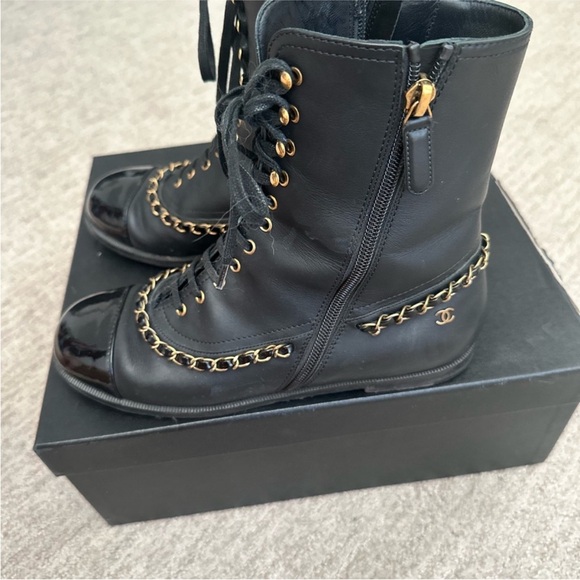 CHANEL Black and Gold Lace Up Boots with Gold Hardware - Picture 4 of 10